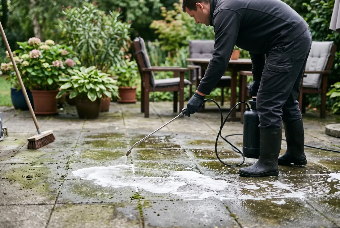 Mitarbeiter trägt Industriereiniger mit dem Drucksprüher auf eine vermooste Terrasse auf